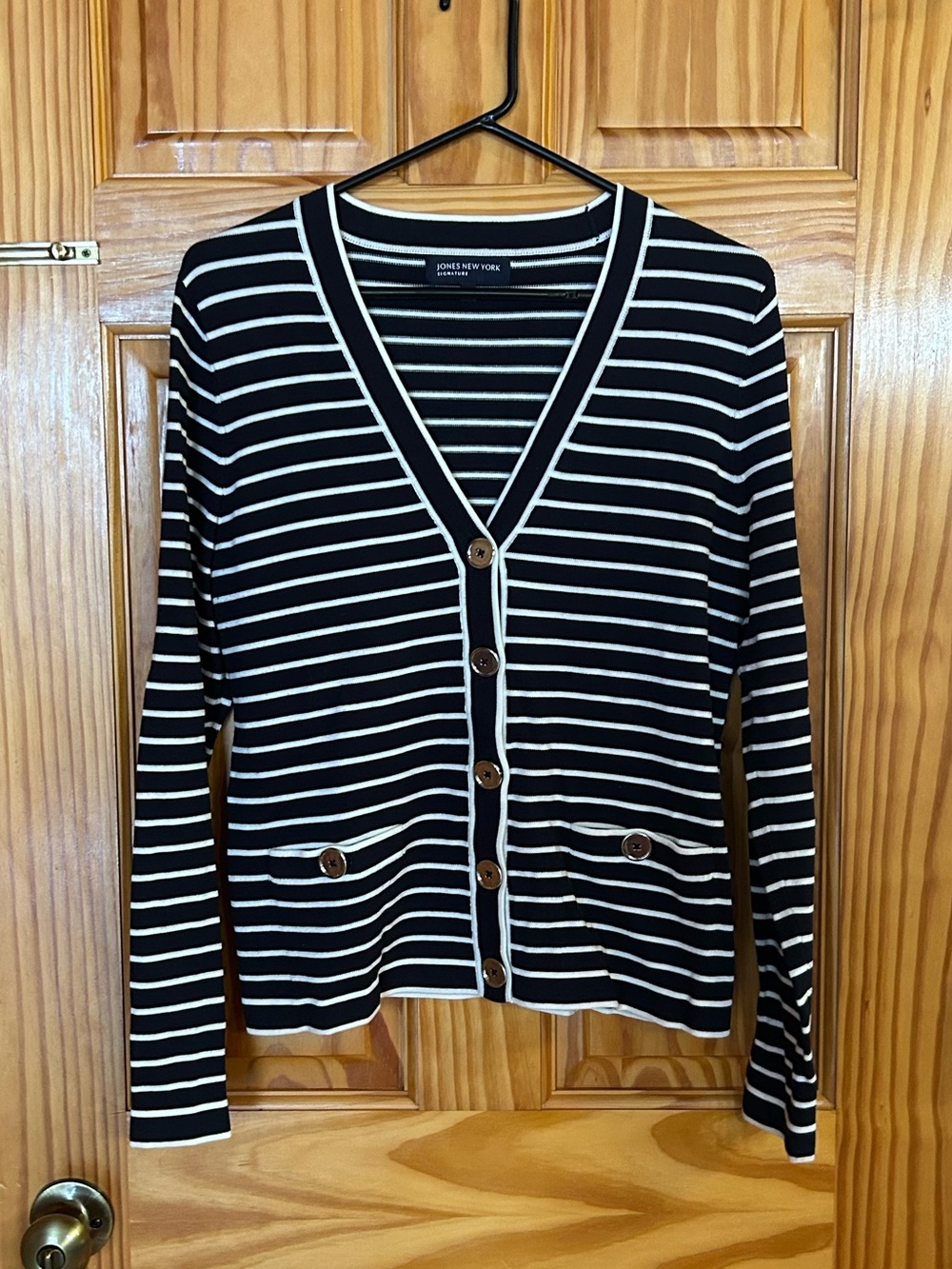 Jones New York Signature striped cardigan in Black & Ivory - Size M